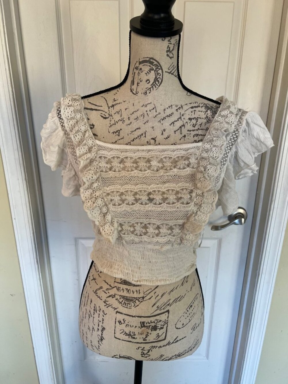 Free People Bridget Crop Top Flutter Ruffle Cropped Bohemian Lace Shirt Small - Picture 2 of 11